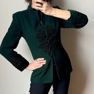 Vintage ALBERT NIPON Mandarin Collar Embellished Green Wool Blazer